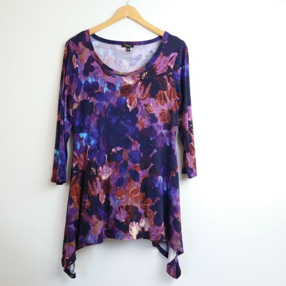 Cupid Tops - Purple Floral Cupid Shirt Size M Top Asymmetric Slinky Drape T Blouse Shark Bite